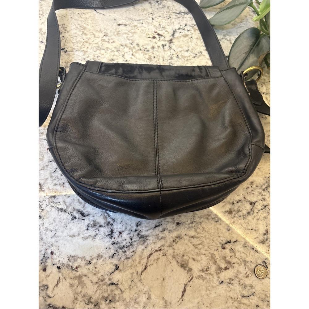 BTG FOSSIL REISSUE Black Leather Flap Calf Hair Crossbody Purse Saddle Bag READ - Picture 8 of 16